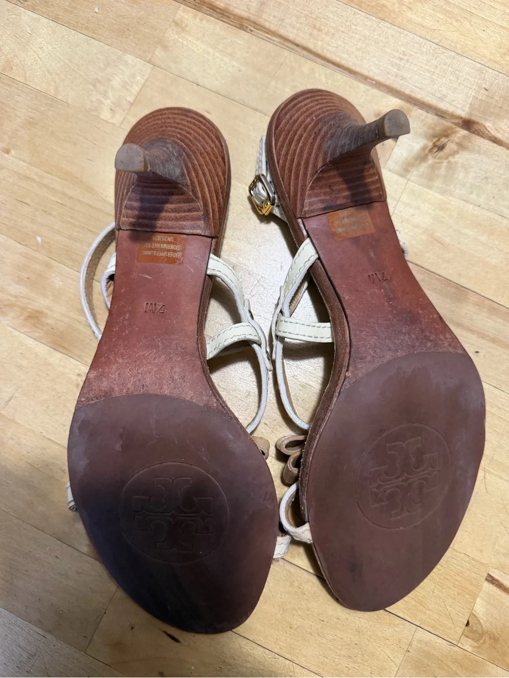 Tory Burch Two-Tone Tan and White Bow Leather Slingback Sandals